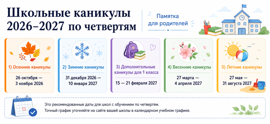 Школьные каникулы 2026–2027 по четвертям