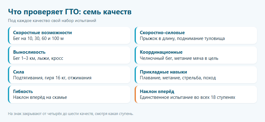 Схема: семь физических качеств, которые проверяет комплекс ГТО, и испытания под каждое