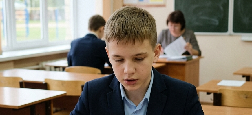 Девятиклассник читает текст вслух на итоговом собеседовании в классе