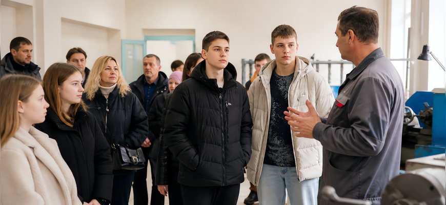 Подростки с родителями на дне открытых дверей в колледже, мастер показывает мастерскую
