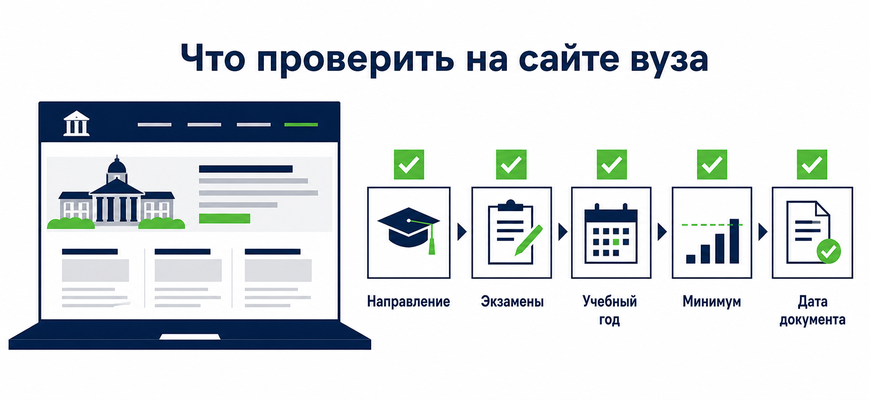 Что проверить на сайте вуза: направление, экзамены, учебный год, минимум и дату документа