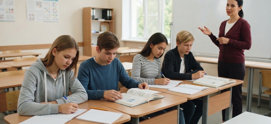 Подростки готовятся к экзамену по английскому языку в классе с преподавателем