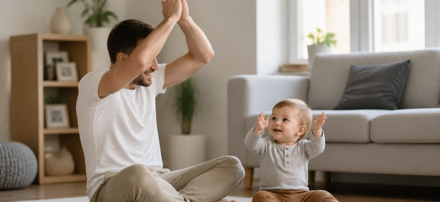 Папа и ребёнок 1–2 лет повторяют хлопки и простые движения руками дома