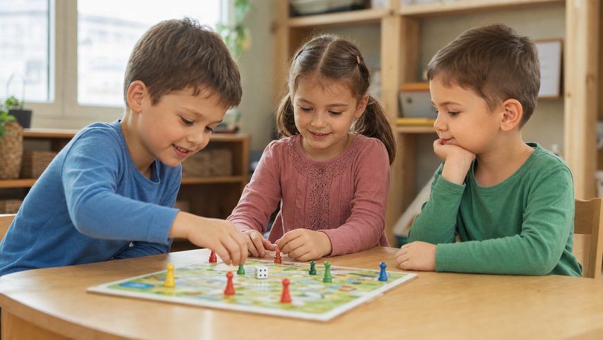 Трое детей 5–7 лет играют в настольную игру по правилам и ждут своей очереди — психологическая готовность к школе