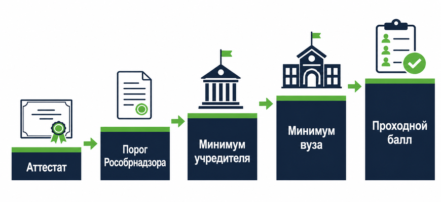 Пять ступеней результата ЕГЭ: аттестат, порог Рособрнадзора, минимумы учредителя и вуза, проходной балл