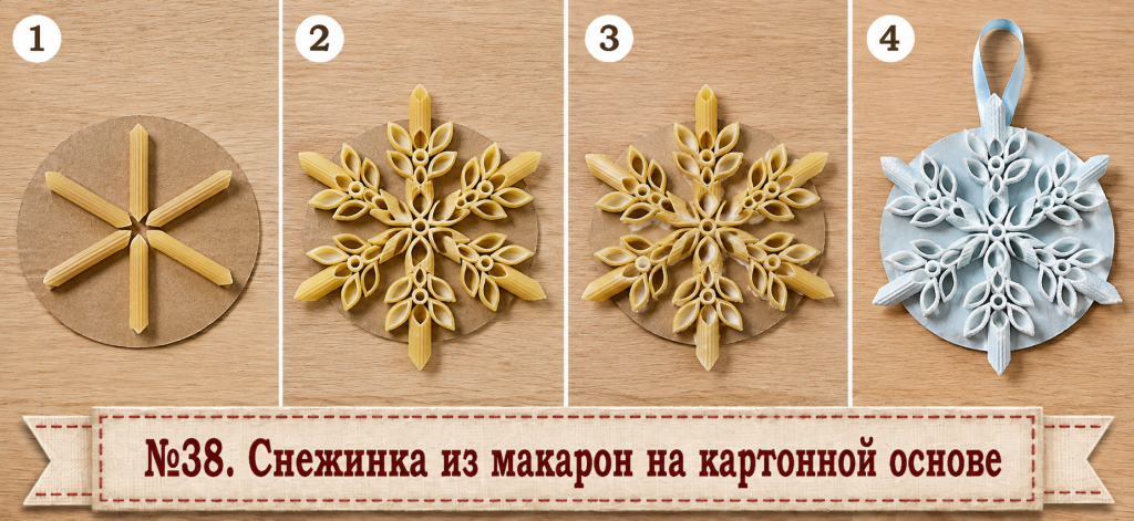 Снежинка из макарон на картонной основе