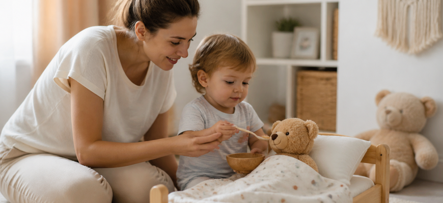 Мама и ребёнок 2–3 лет кормят игрушечного медведя и укладывают его спать