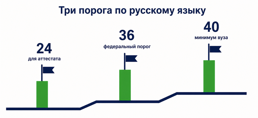 Три порога по русскому языку: 24 для аттестата, федеральный порог 36 и минимум вуза 40