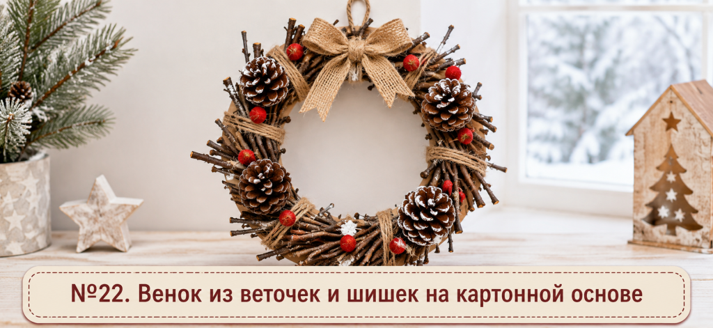 Венок из веточек и шишек на картонной основе