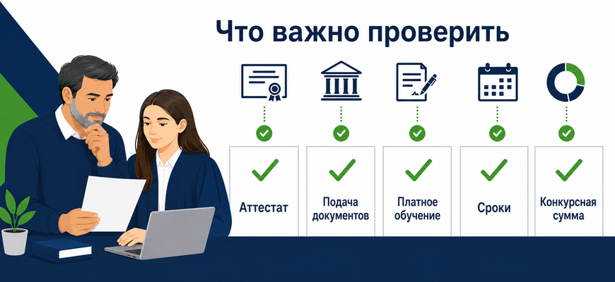 Родитель и выпускница проверяют аттестат, подачу документов, платное обучение, сроки и конкурсную сумму