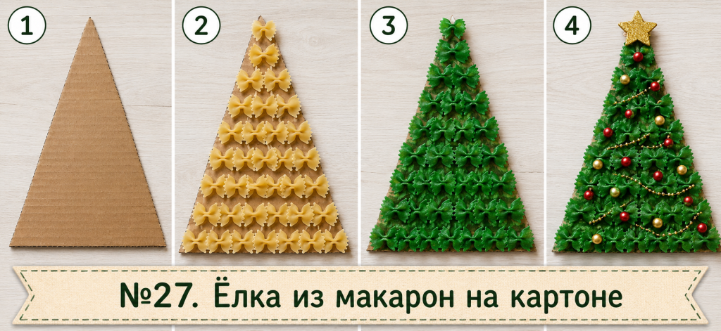 Ёлка из макарон на картоне