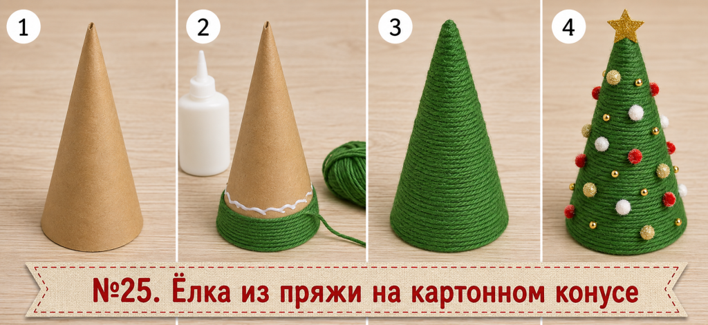 Ёлка из пряжи на картонном конусе