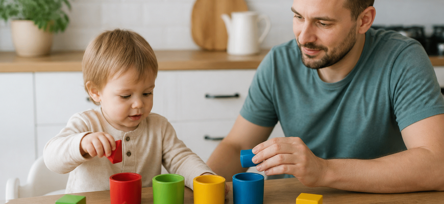 Папа и ребёнок 2–3 лет сортируют цветные фигуры по большим стаканчикам