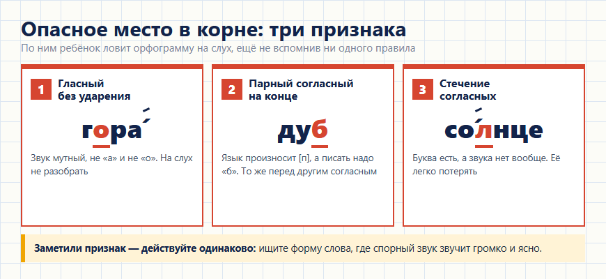 Три признака опасного места в корне слова