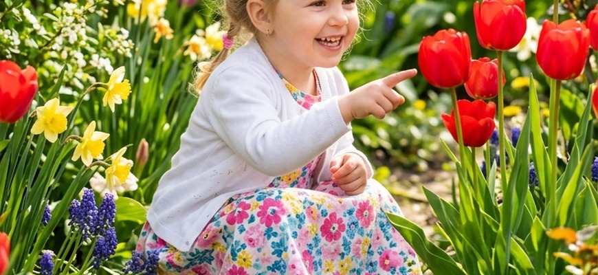 Девочка 3-4 лет рассматривает тюльпаны в саду — иллюстрация к скороговоркам для малышей 3-4 лет