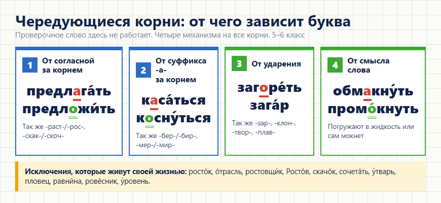 Чередующиеся гласные в корне: четыре механизма выбора буквы