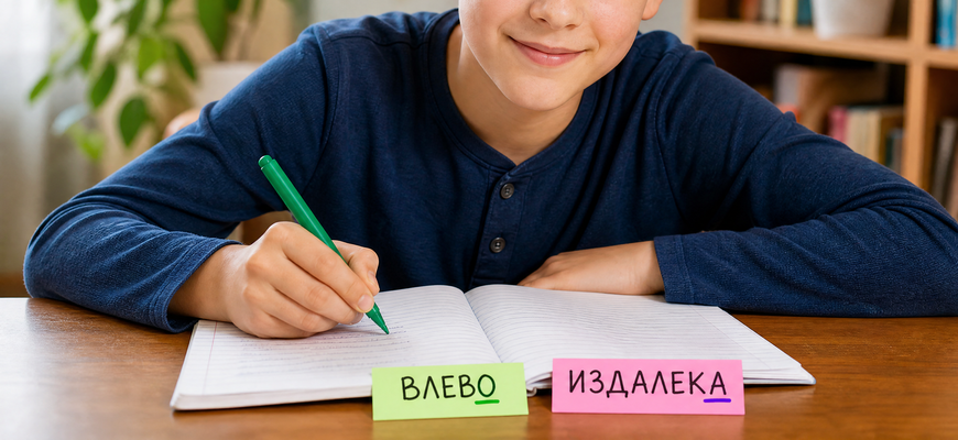Мальчик пишет в тетради, рядом карточки со словами «влево» и «издалека»: суффиксы наречий -о и -а