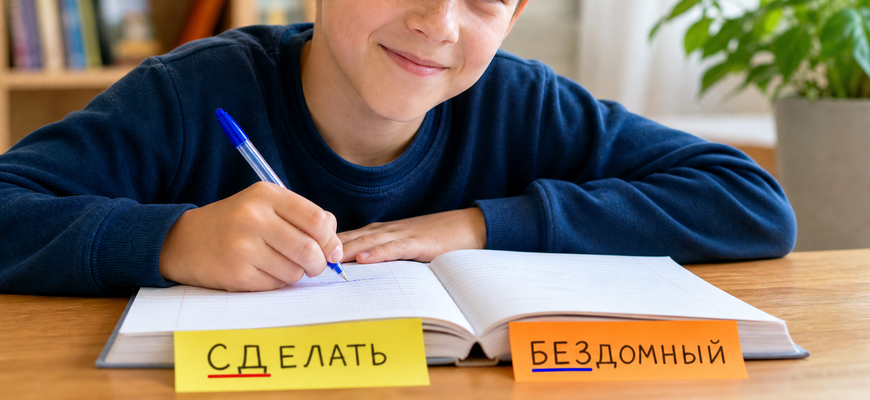 Мальчик пишет в тетради, рядом карточки со словами «сделать» и «бездомный»: неизменяемая приставка и приставка на з/с