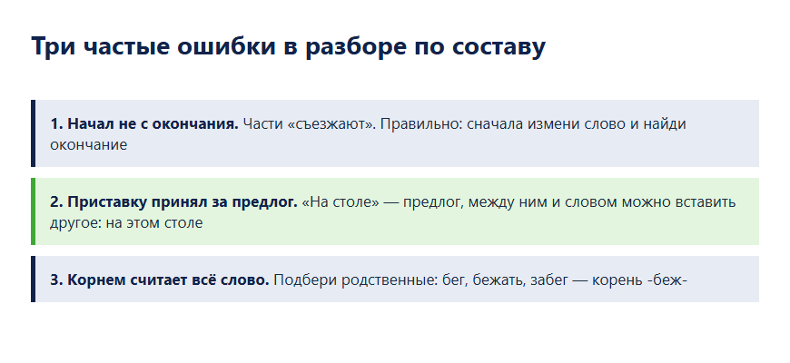 Три частые ошибки в разборе слова по составу и как их исправить