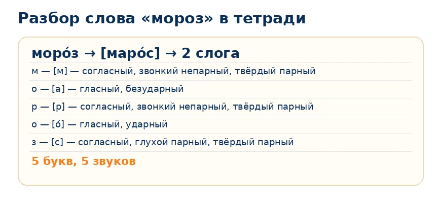 Фонетический разбор слова мороз в тетради