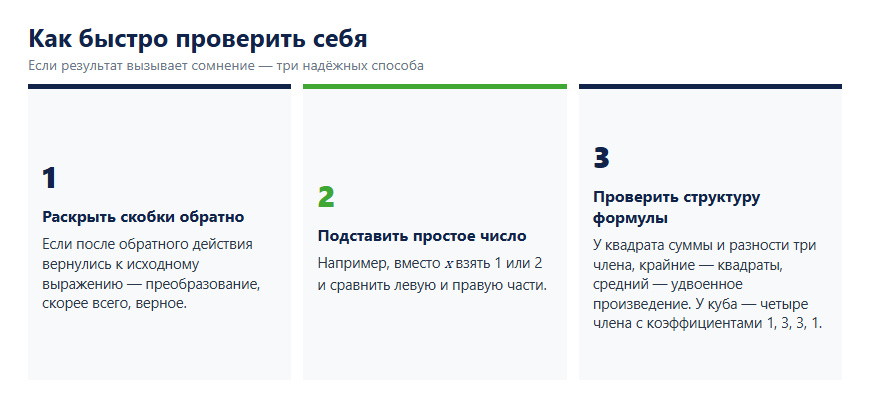 Три способа быстро проверить себя при работе с формулами сокращённого умножения
