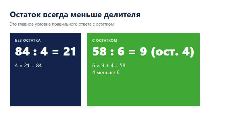 Сравнение деления 84 на 4 без остатка и 58 на 6 с остатком