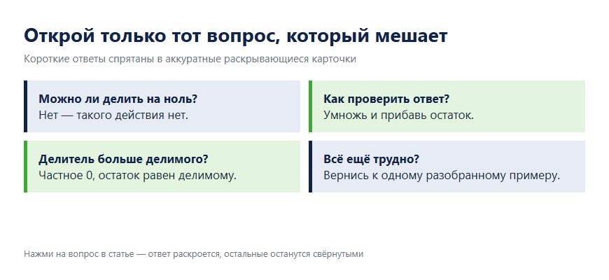 Детская схема частых вопросов о делении столбиком: ноль, остаток, проверка и трудный пример