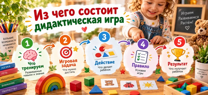 Схема: из чего состоит дидактическая игра — что тренируем, игровая задача, действие, правило, результат