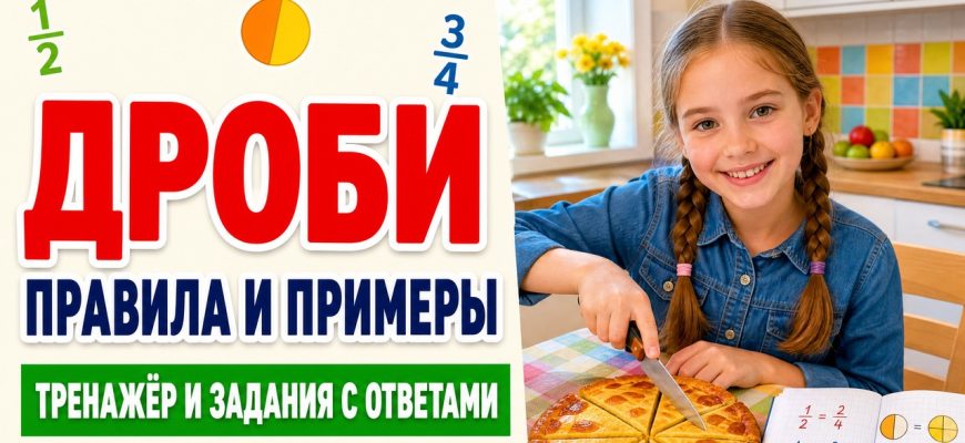 Обложка статьи «Как решать дроби»: правила, примеры и тренажёр с ответами