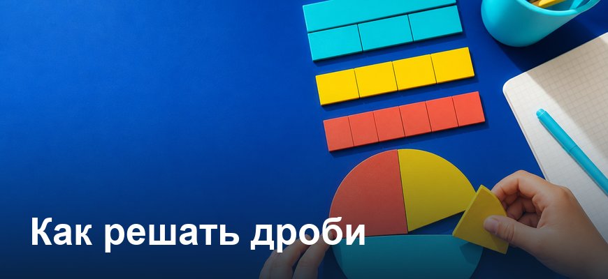 Ребёнок складывает круг из цветных долей, обложка статьи «Как решать дроби»