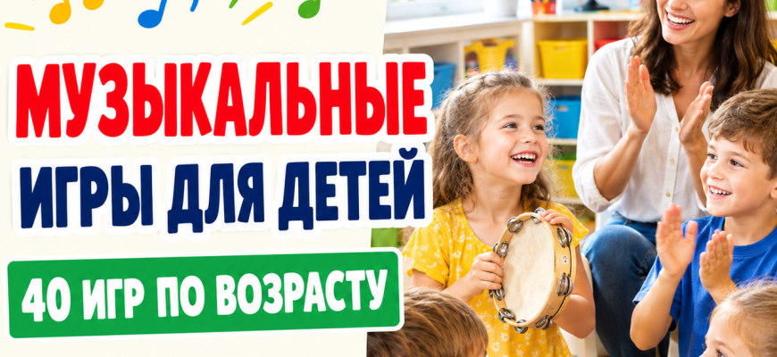 Музыкальные игры для детей: обложка с педагогом и детьми, которые играют на инструментах