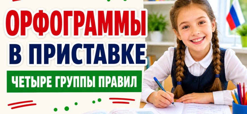 Школьница разбирает четыре группы орфограмм в приставке