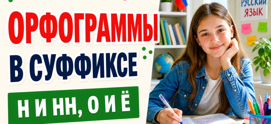 Школьница за столом разбирает орфограммы в суффиксе: н и нн, о и ё