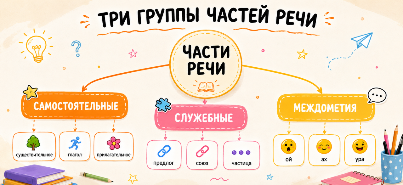 Схема трёх групп частей речи: самостоятельные, служебные и междометия