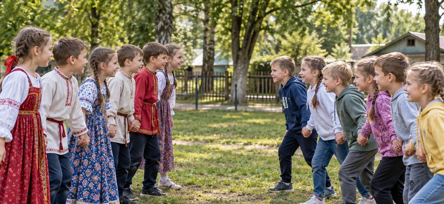 Игра «Бояре»: две шеренги детей держатся за руки и идут навстречу друг другу