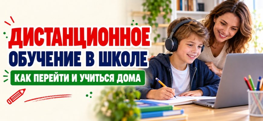 Дистанционное обучение в школе: школьник в наушниках за ноутбуком и заголовок о переходе на учёбу дома