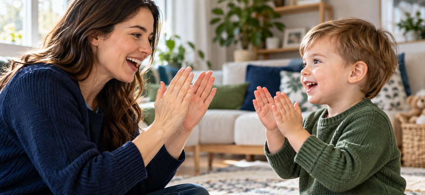 Мама и малыш хлопают в ладоши в игре «Ладушки»