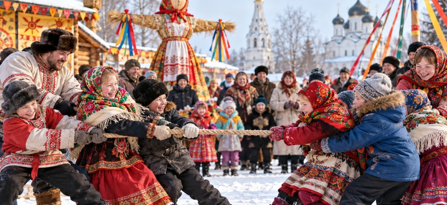 Дети и взрослые перетягивают канат на зимнем празднике Масленицы