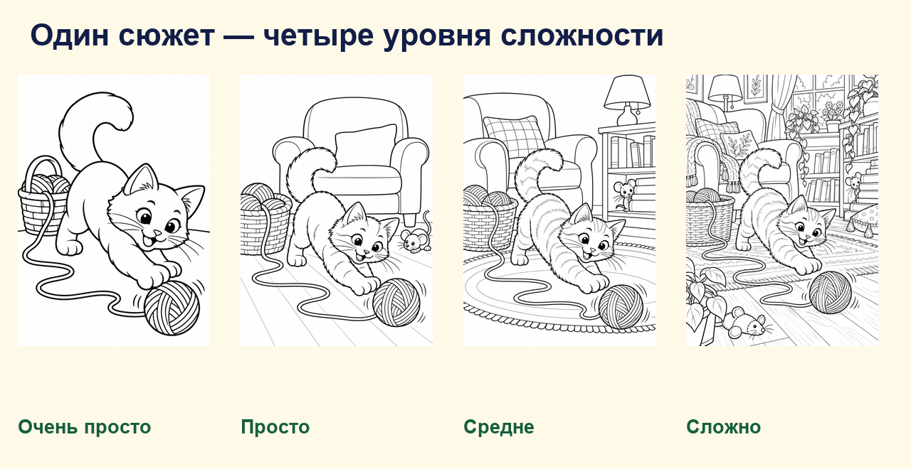 Один сюжет раскраски с котом в четырёх уровнях сложности