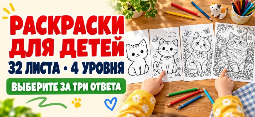 Раскраски для детей: 32 листа в четырёх уровнях сложности