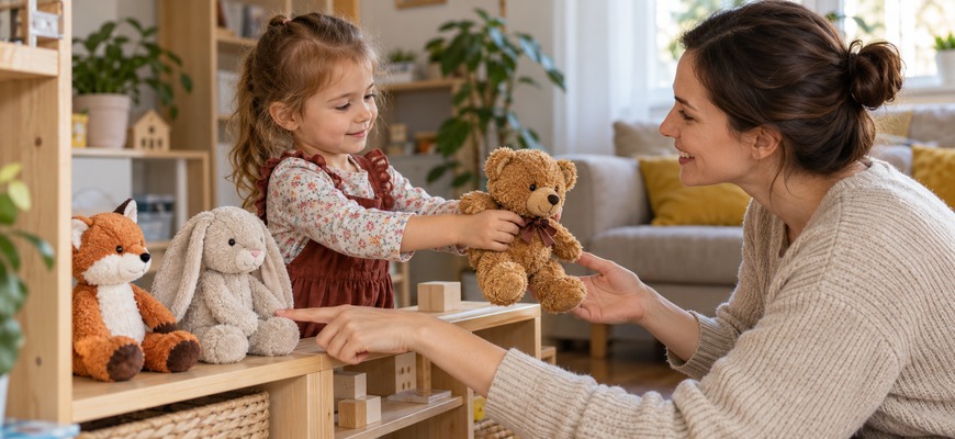 Ребёнок играет продавца и передаёт маме игрушечного мишку в домашнем магазине