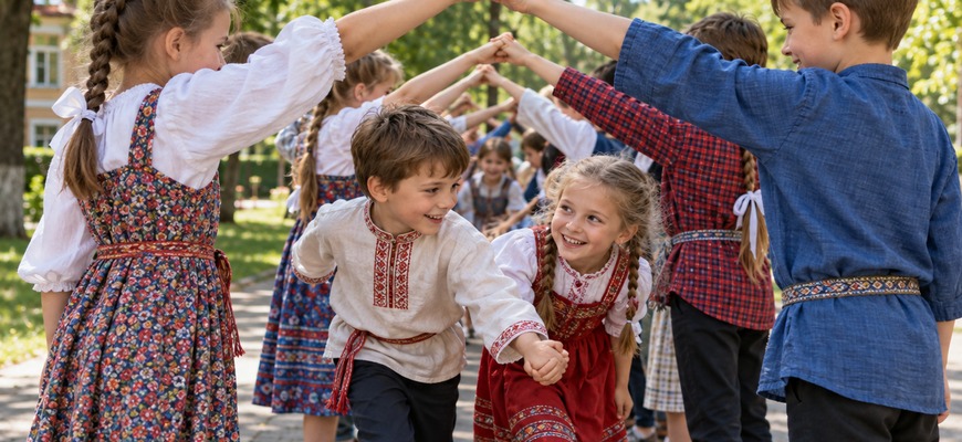 Дети играют в «Ручеёк»: пары подняли сцепленные руки, новая пара проходит под ними