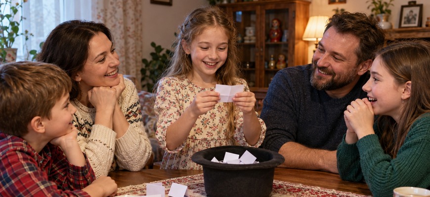 Семья играет в фанты: девочка достаёт задание из шляпы