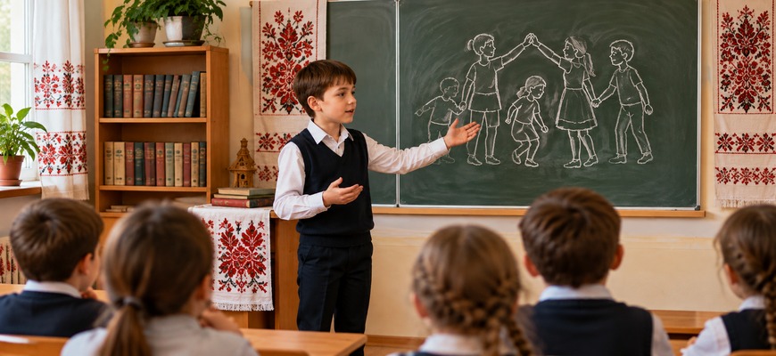 Младший школьник рассказывает одноклассникам о народной игре у доски