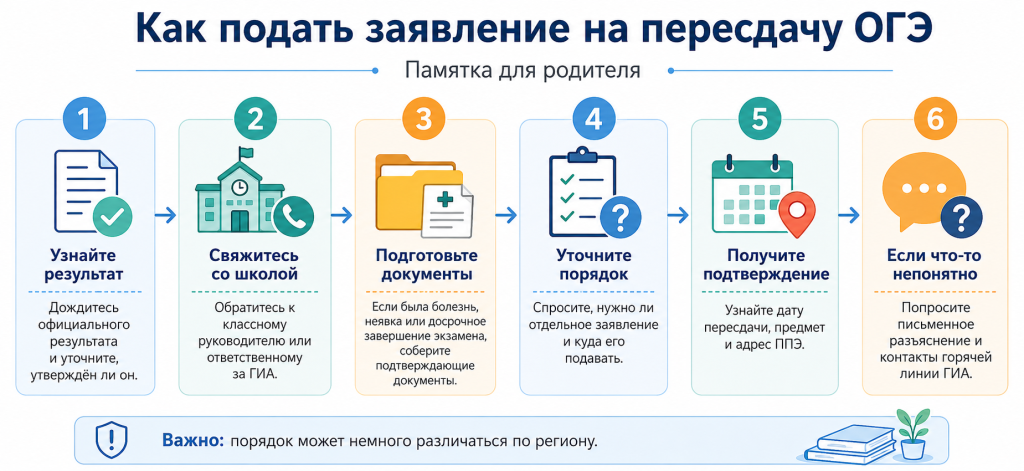 Как подать заявление на пересдачу ОГЭ - иллюстрация-схема памятка родителю